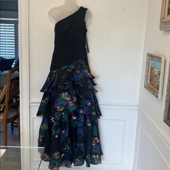 AIDAN MATTOX One Shoulder Black Dress w/Floral Layered Jacquared Fabric Sz4 - Picture 4 of 14